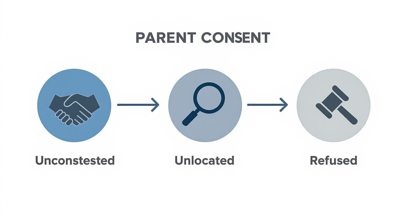 Flowchart illustrating parent consent stages: uncontested (handshake), unlocated (magnifying glass), and refused (gavel).