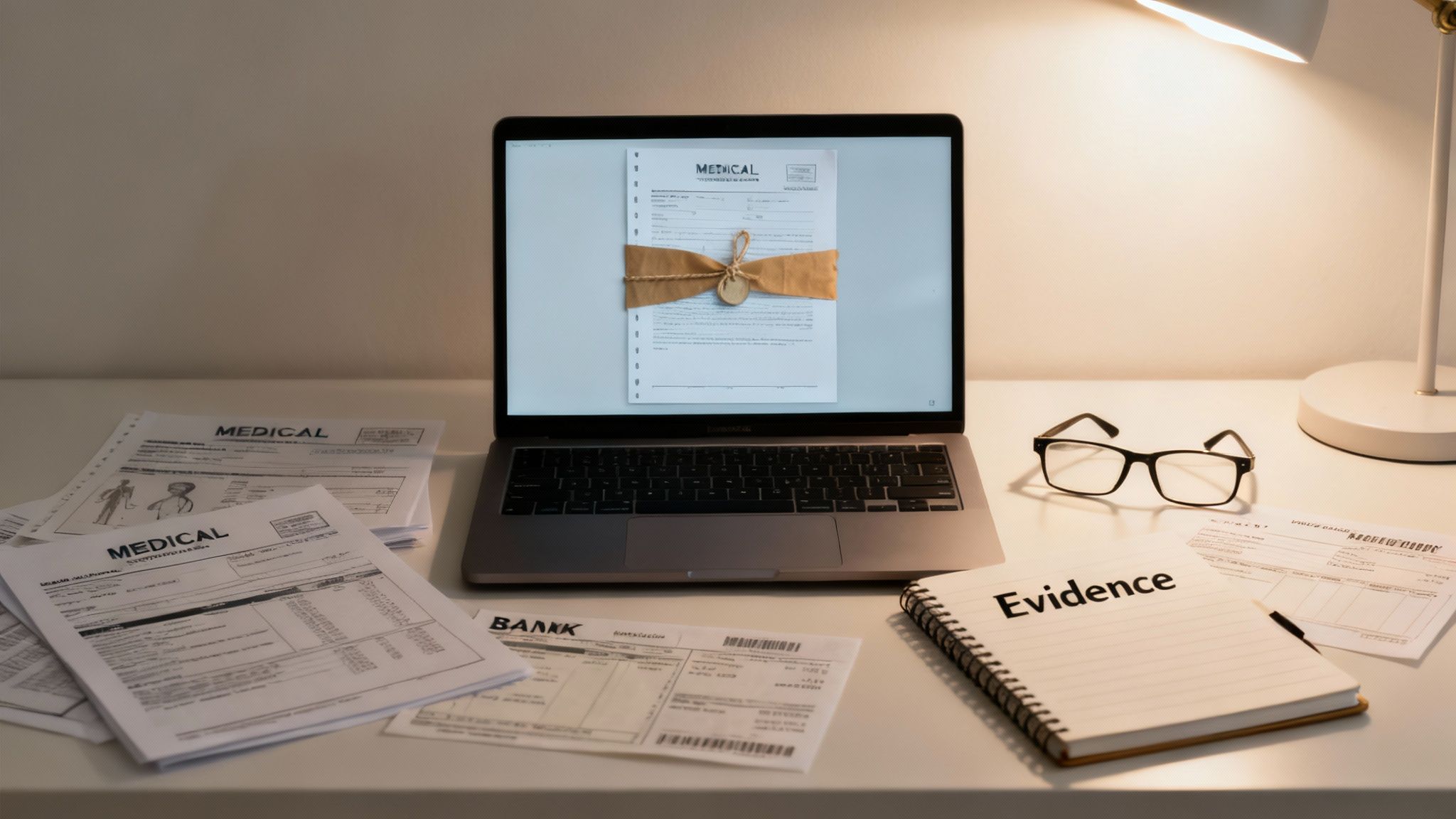 Magnifying glass over legal documents, symbolizing the evidence-gathering process.