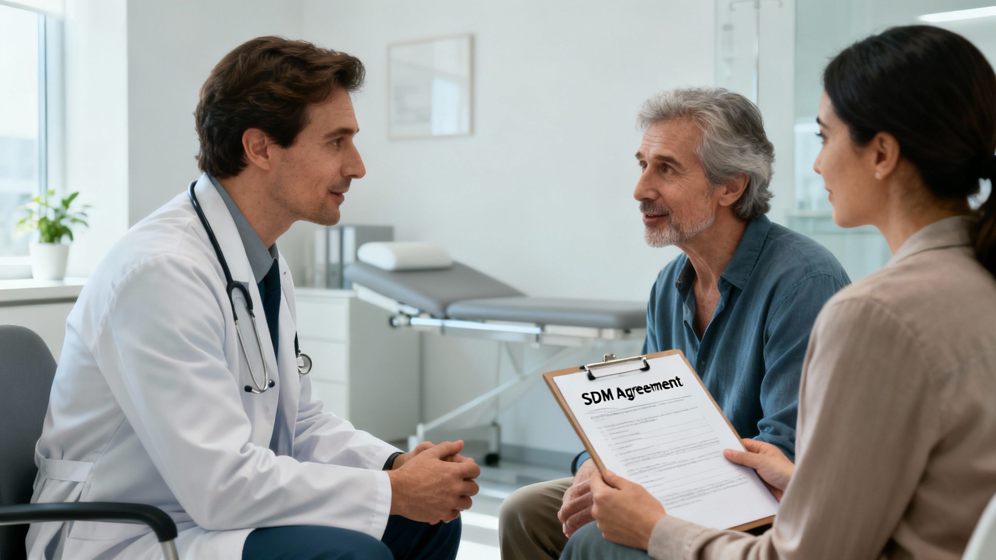 A doctor talks to an older man and a woman holding an SDM agreement in a clinic.