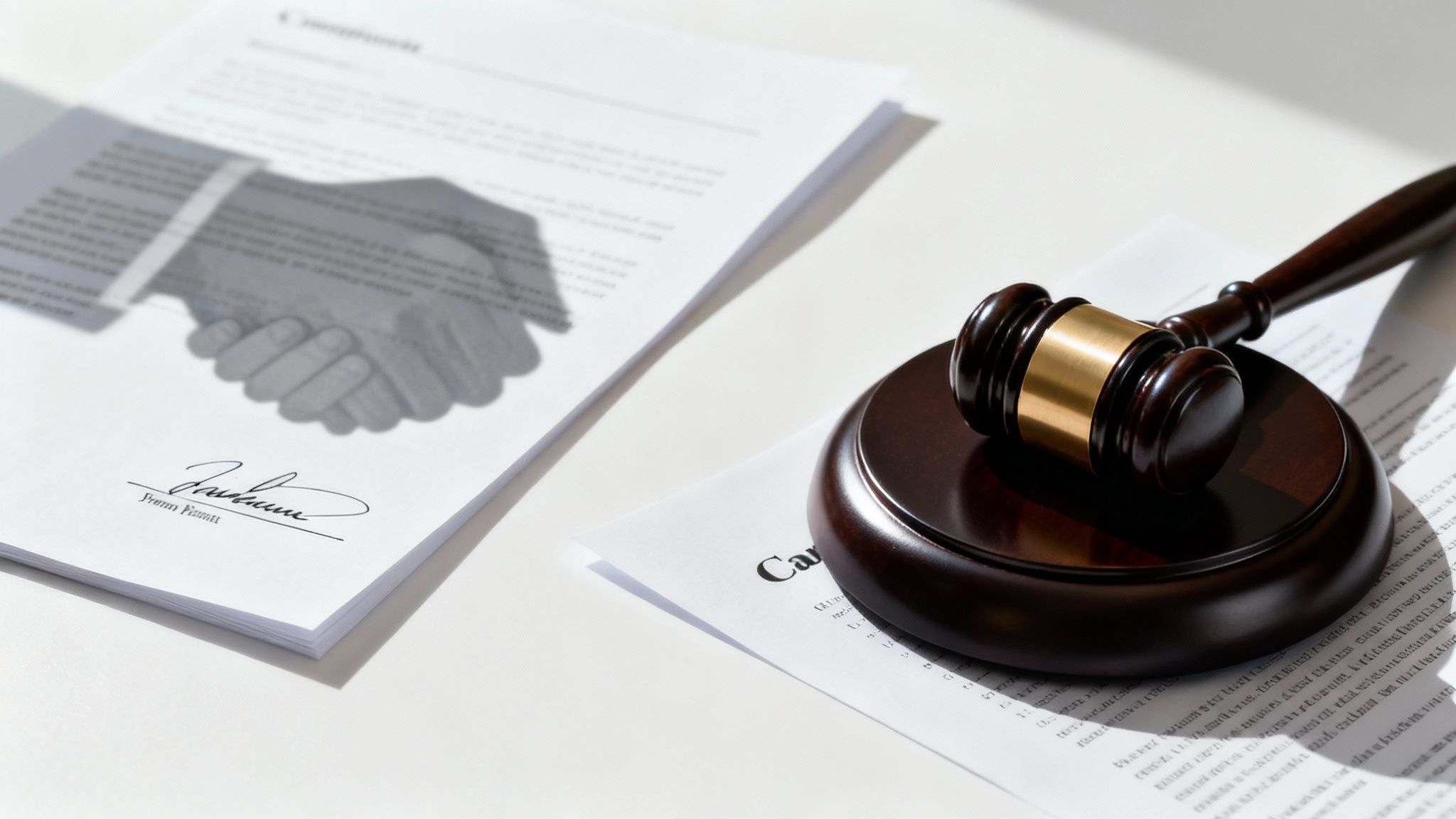 A judge's gavel rests on legal documents, next to a contract showing a handshake illustration.