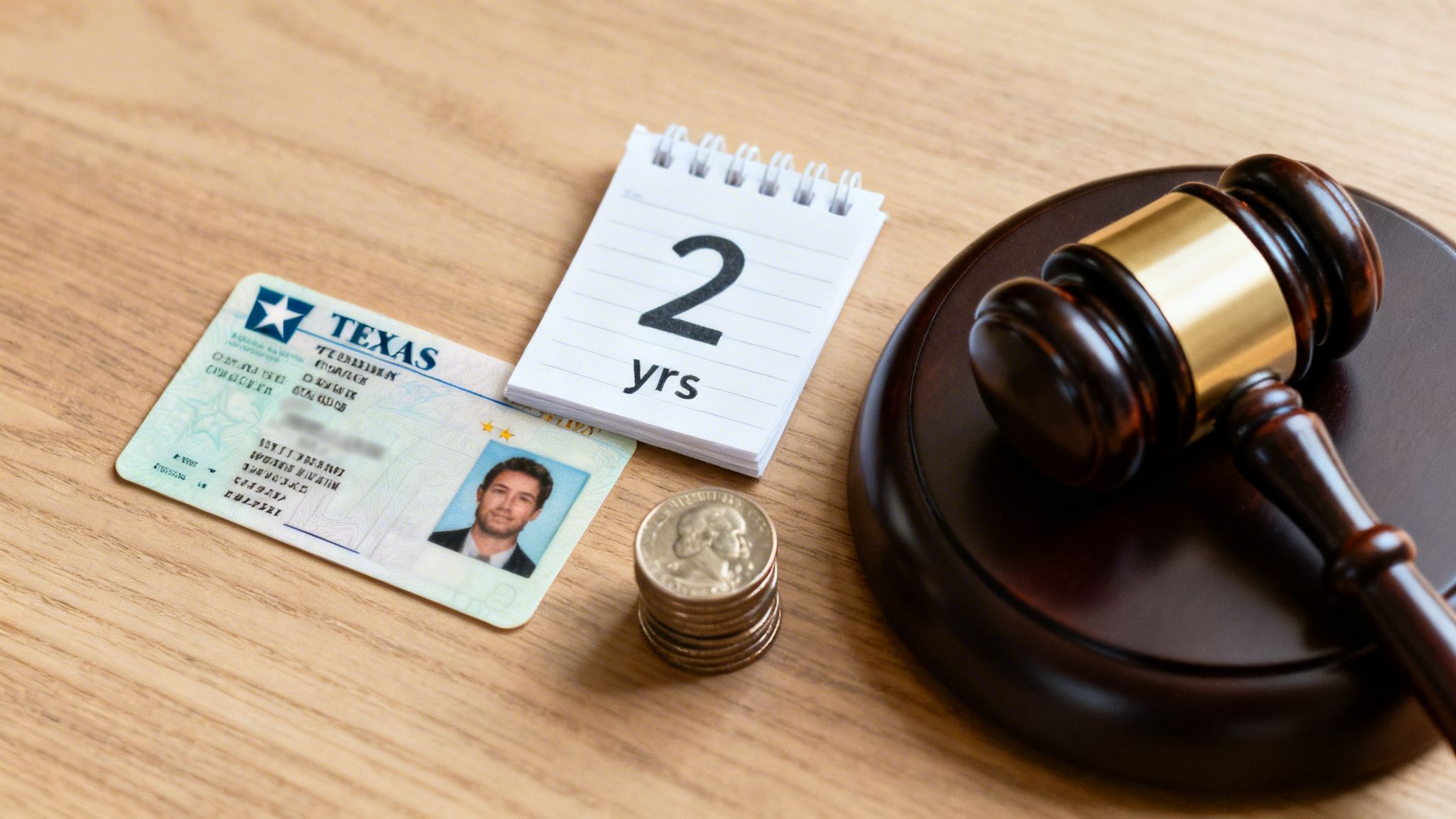A Texas ID card, '2 yrs' calendar, stack of coins, and a judge's gavel on a wooden table.