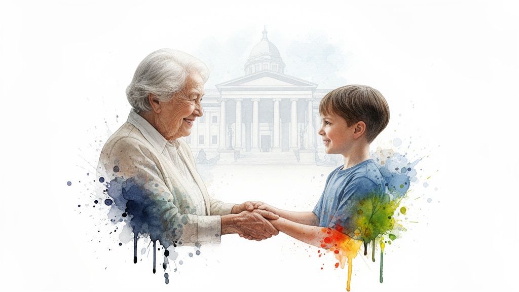 Grandmother and grandson holding hands, symbolizing grandparent visitation rights, with a courthouse in the background, representing legal support for family connections in Texas.
