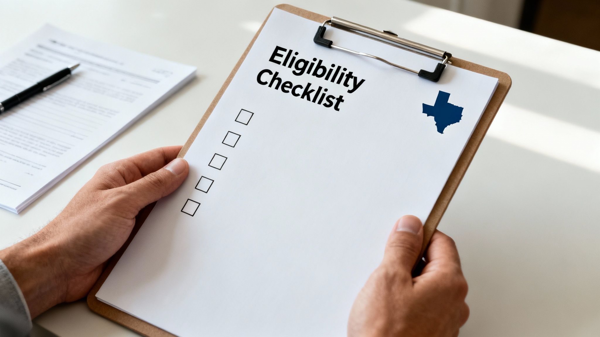 A person holding a clipboard with an 'Eligibility Checklist' and a Texas map.