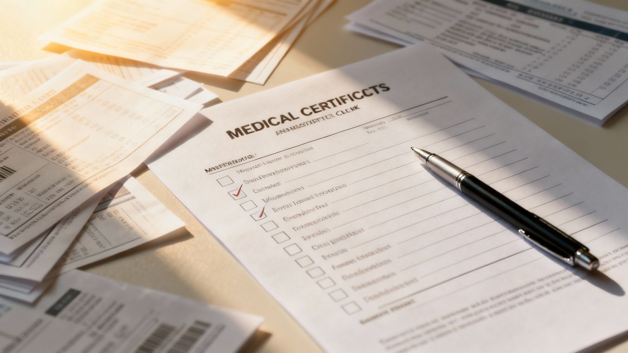 Medical certificate form with checkboxes for examination details, surrounded by paperwork, emphasizing documentation for guardianship proceedings.