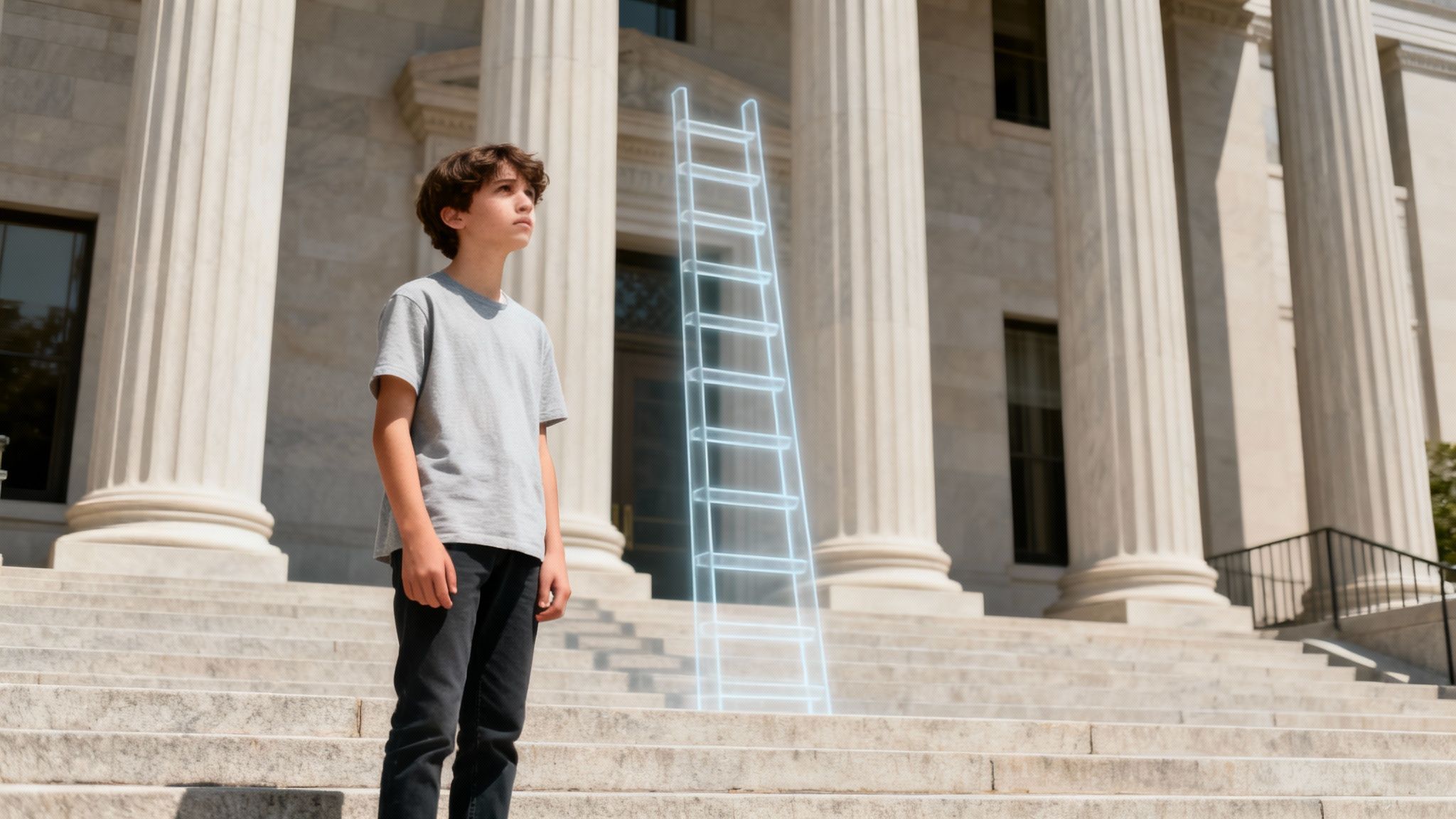 A young boy stands on steps, looking up at a glowing holographic ladder in front of a grand building.
