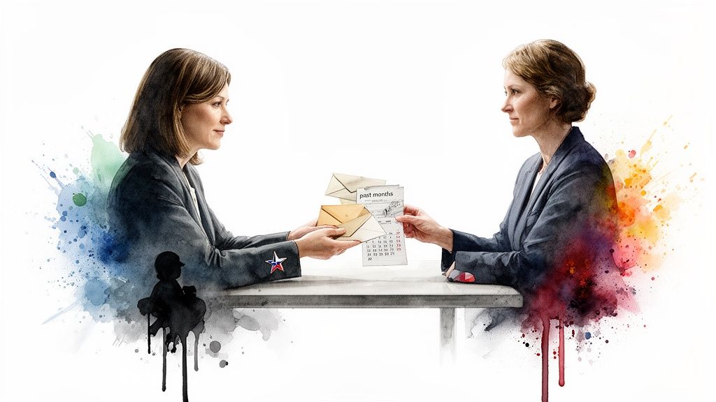 Women discussing retroactive child support documents at a table, exchanging envelopes and a calendar indicating past months, symbolizing legal processes in Texas family law.