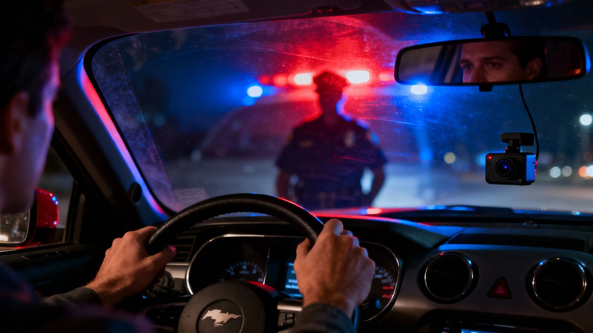 Driver gripping steering wheel in a car with police lights flashing in the background, illustrating a DWI traffic stop scenario relevant to legal defense strategies in Texas.