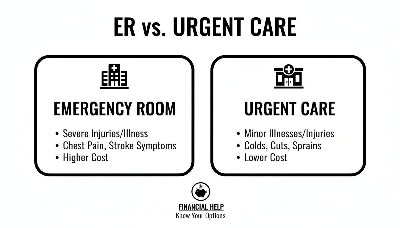 Infographic comparing when to use an emergency room versus urgent care, highlighting conditions and costs.