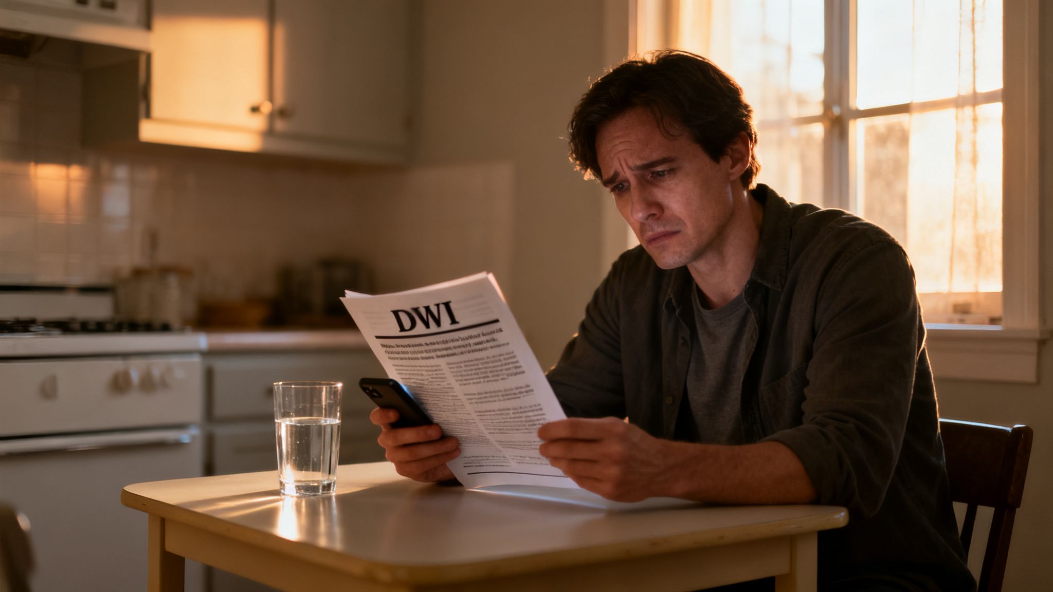 A man looking distressed reads a DWI document while sitting at a kitchen table.
