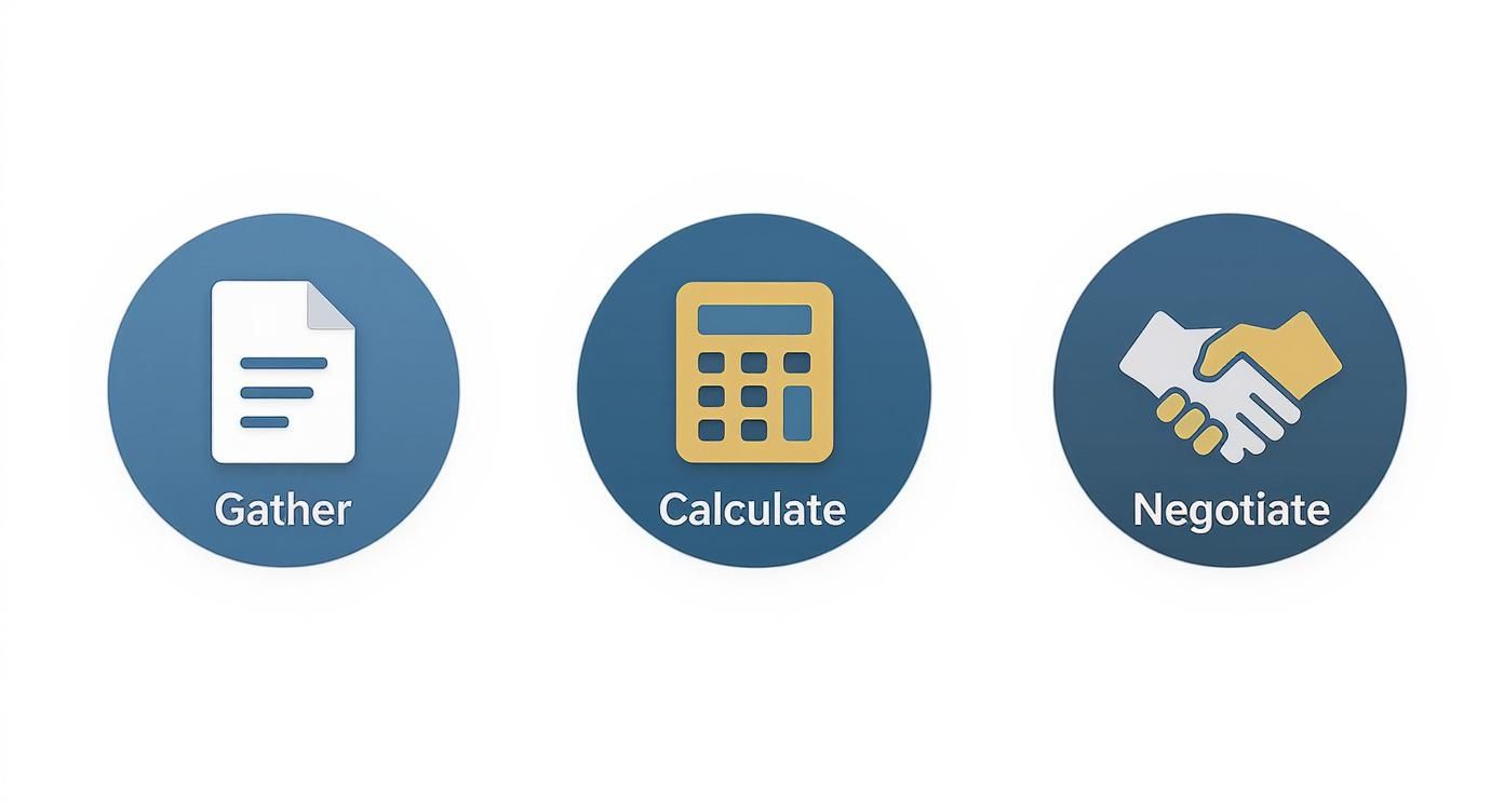 Three blue circular icons illustrating a process: Gather (document), Calculate (calculator), and Negotiate (handshake).