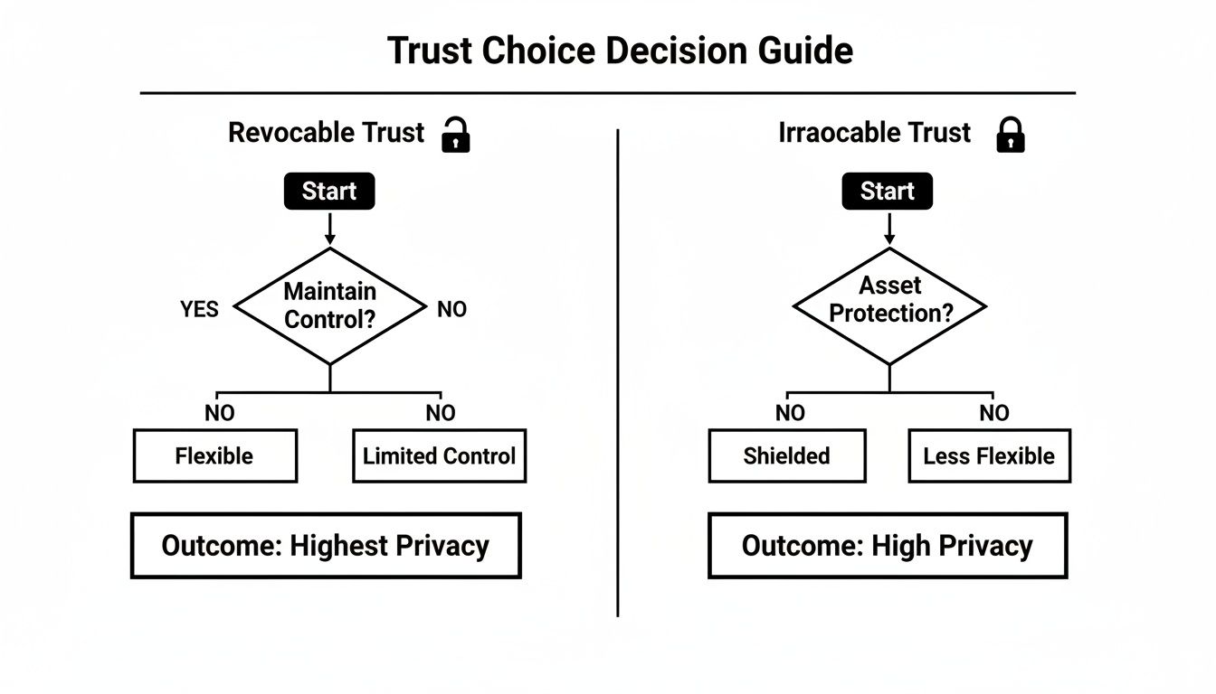 Flowchart decision guide comparing revocable and irrevocable trusts based on control and asset protection.