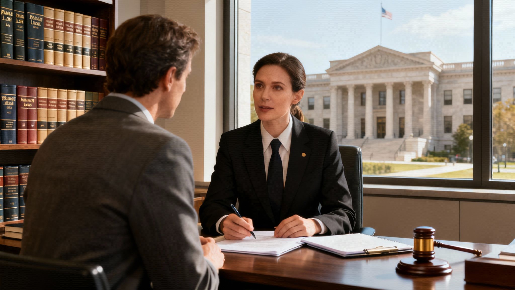 A professional attorney discussing legal documents with a client in a modern office setting, representing a consultation about divorce proceedings.