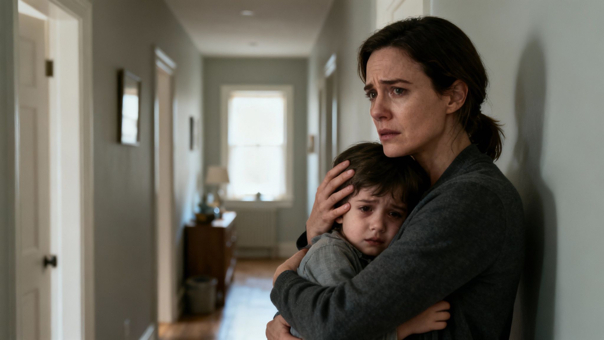 A worried parent holding their child's hand, conveying a sense of protection and urgency.