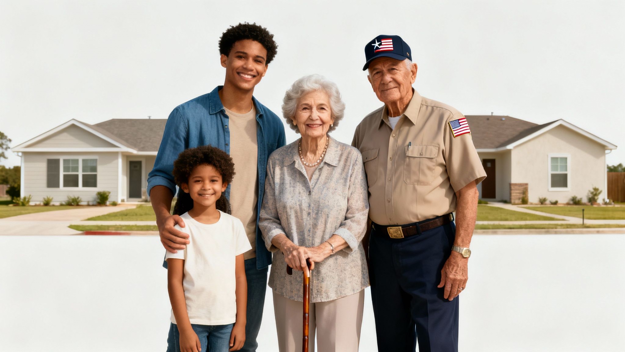 Familia multigeneracional feliz frente a casas en Texas, incluyendo un veterano.