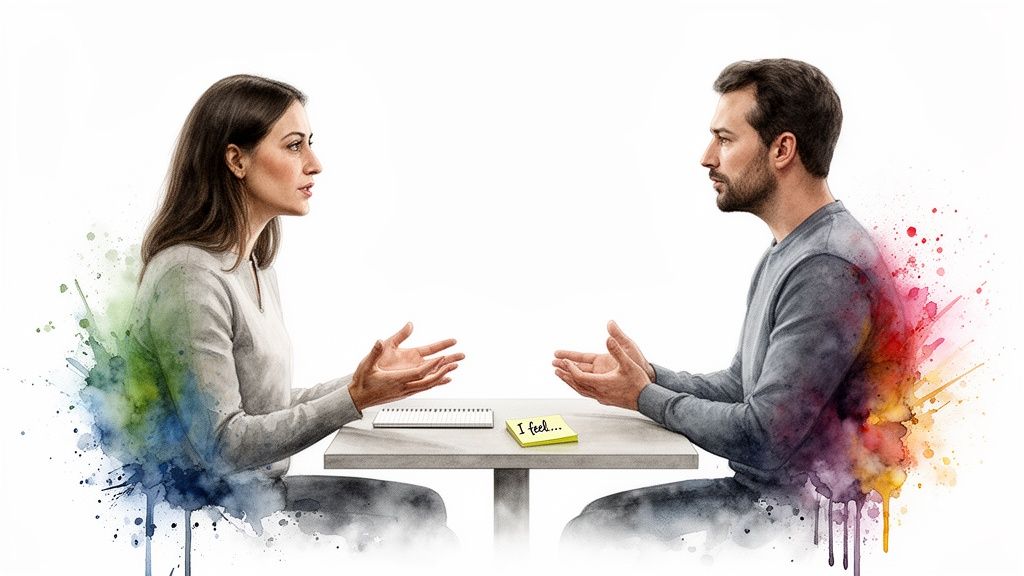 Two people discuss at a table with an 'I feel...' note, surrounded by watercolor.