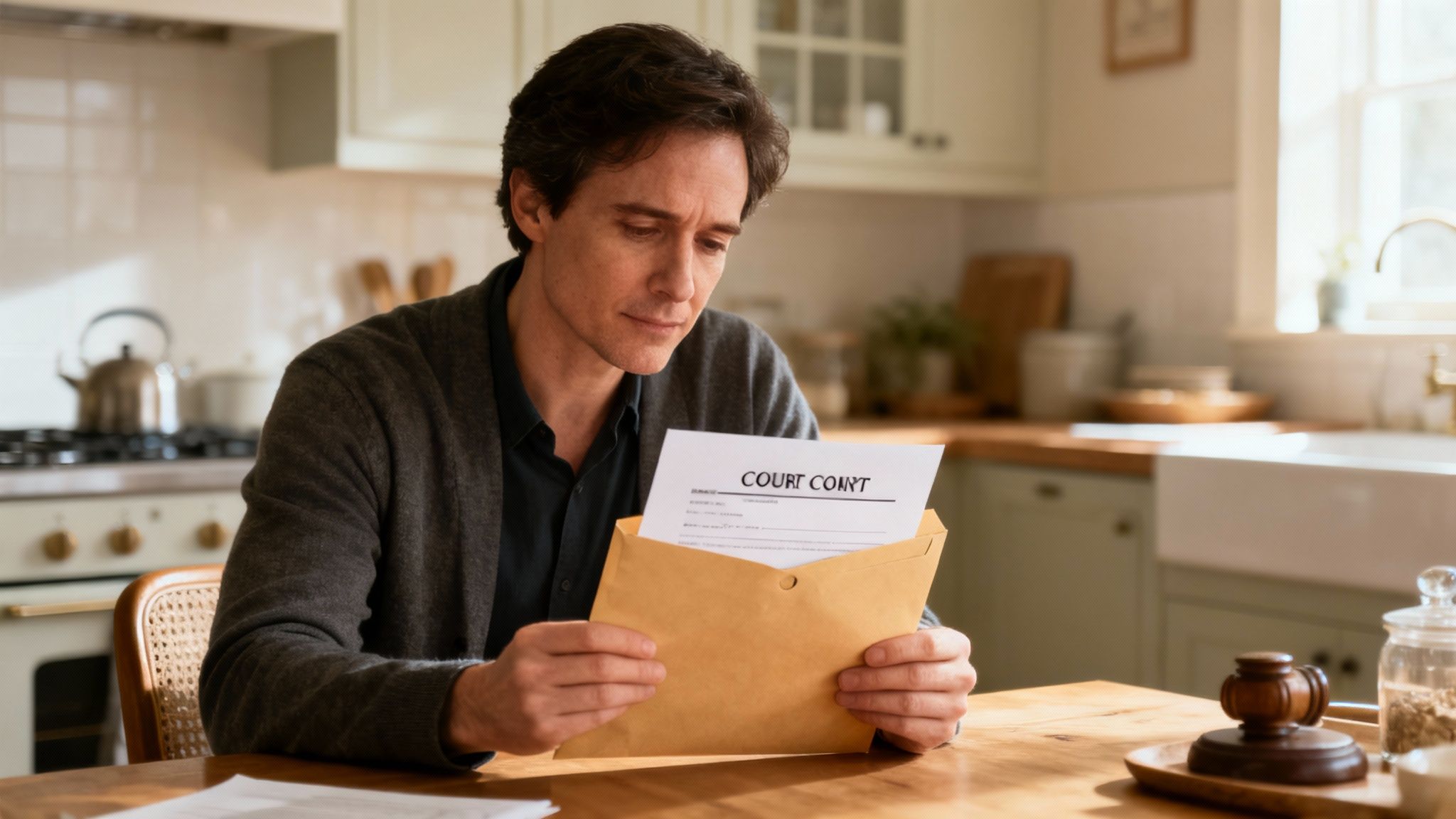 Concerned man opening a court document in an envelope at a kitchen table with a gavel nearby.