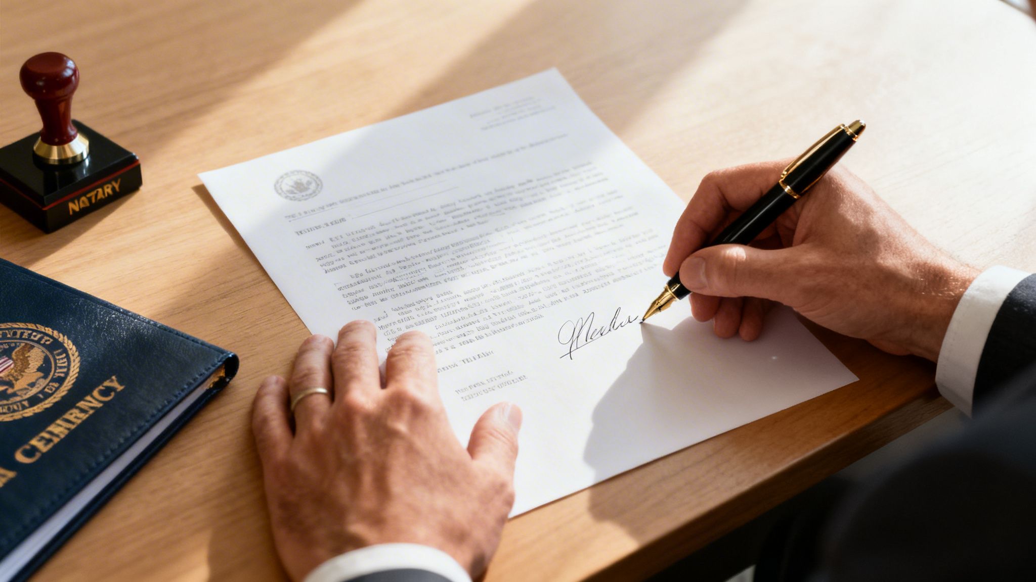 Close-up of a person's hands signing a legal document with a pen, notary stamp nearby.