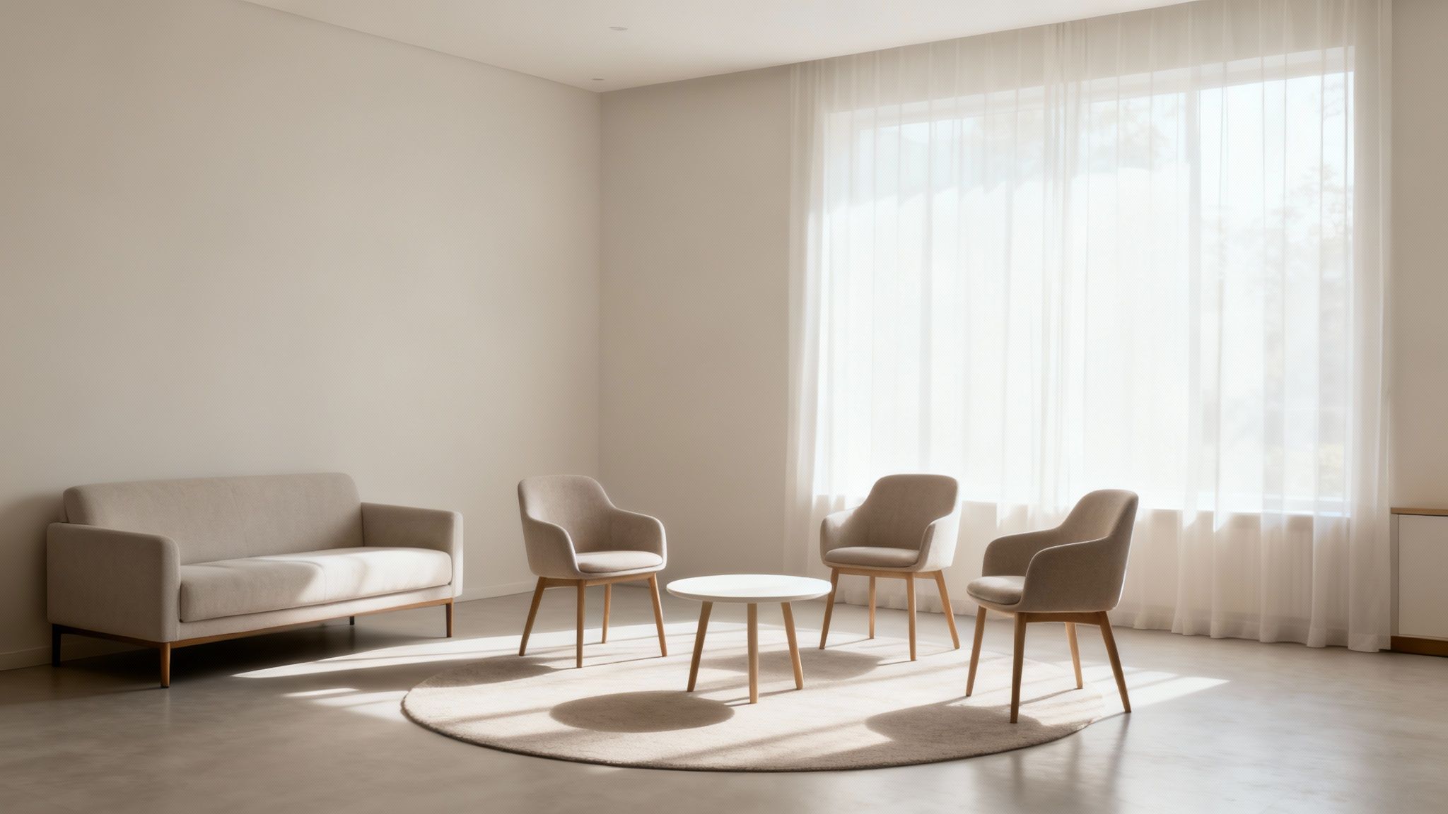 A therapist's office with two empty chairs, symbolizing the space for healing and rebuilding relationships through court-ordered parental alienation treatment.