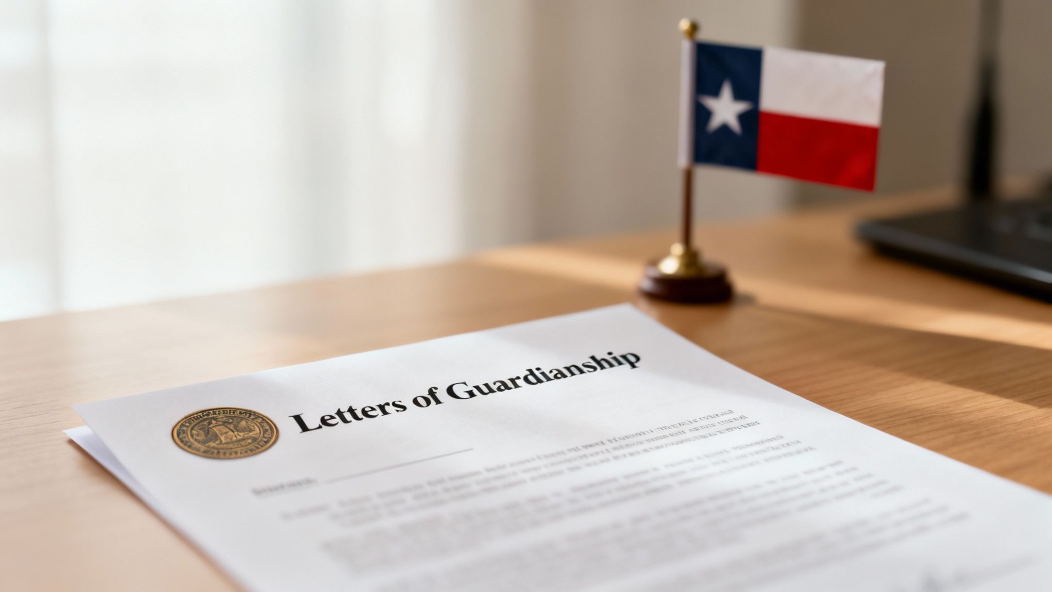 Letters of Guardianship document on a wooden table with a Texas flag, symbolizing legal guardianship procedures in Texas.