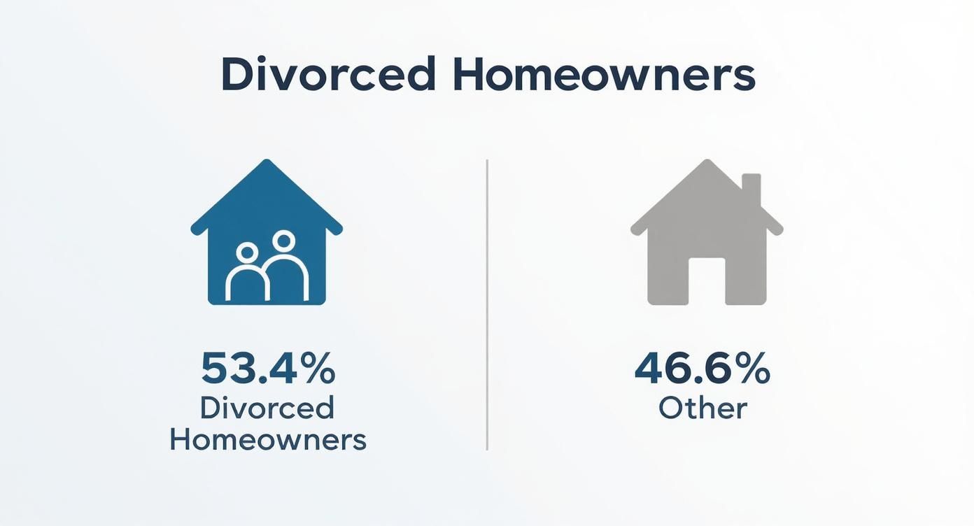 Infographic showing 53.4 percent divorced homeowners versus 46.6 percent other homeownership categories