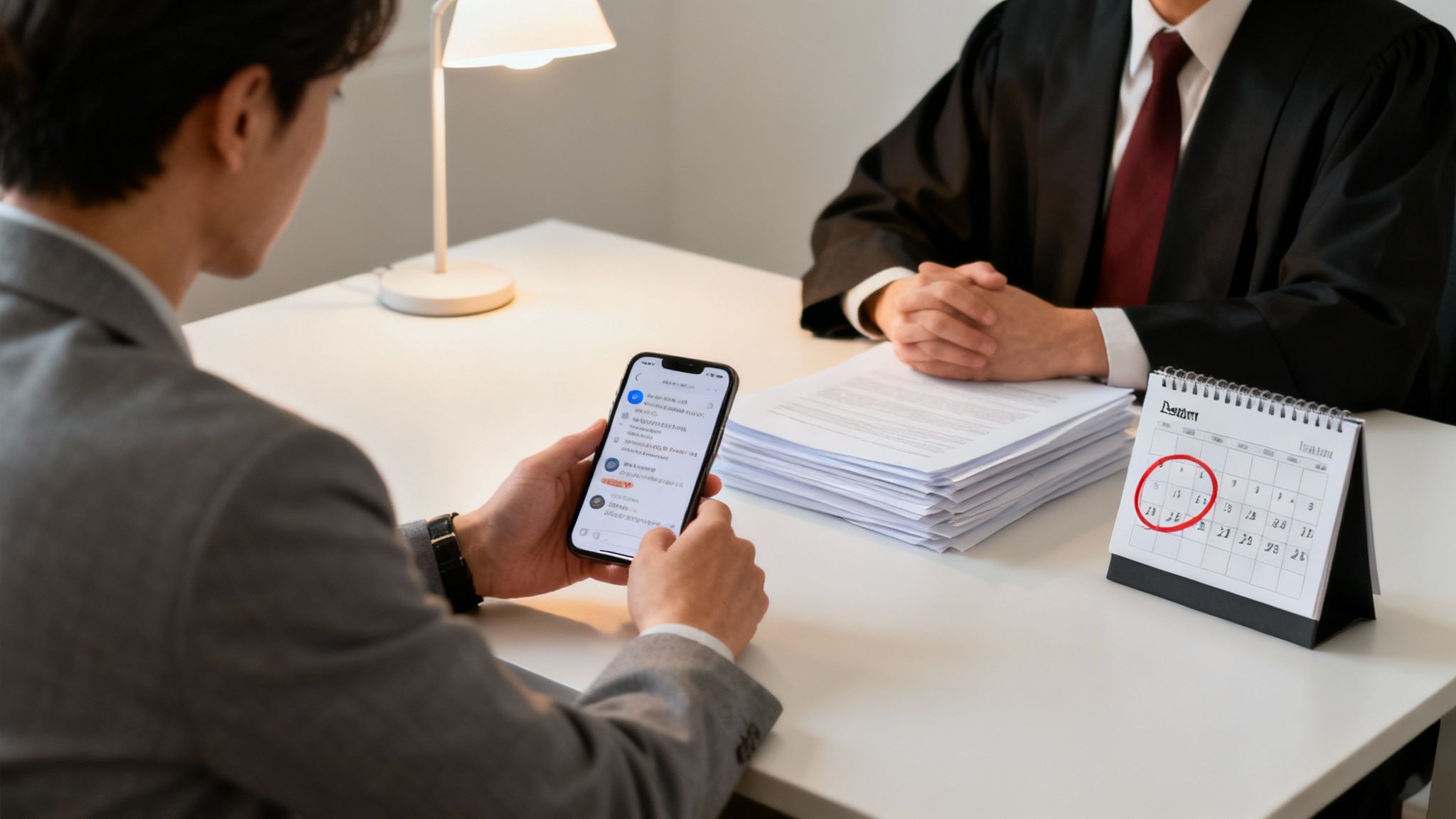 Two business professionals reviewing legal documents and phone during protective order consultation meeting