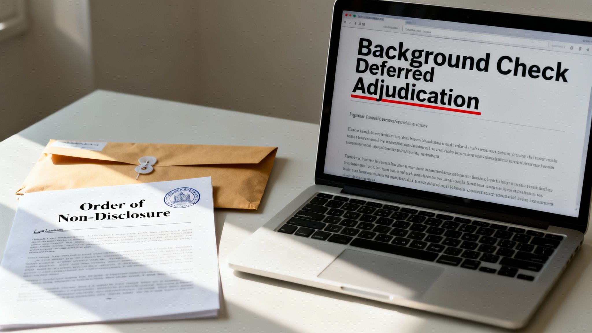A laptop screen displays 'Background Check Deferred Adjudication' next to legal documents and an envelope.