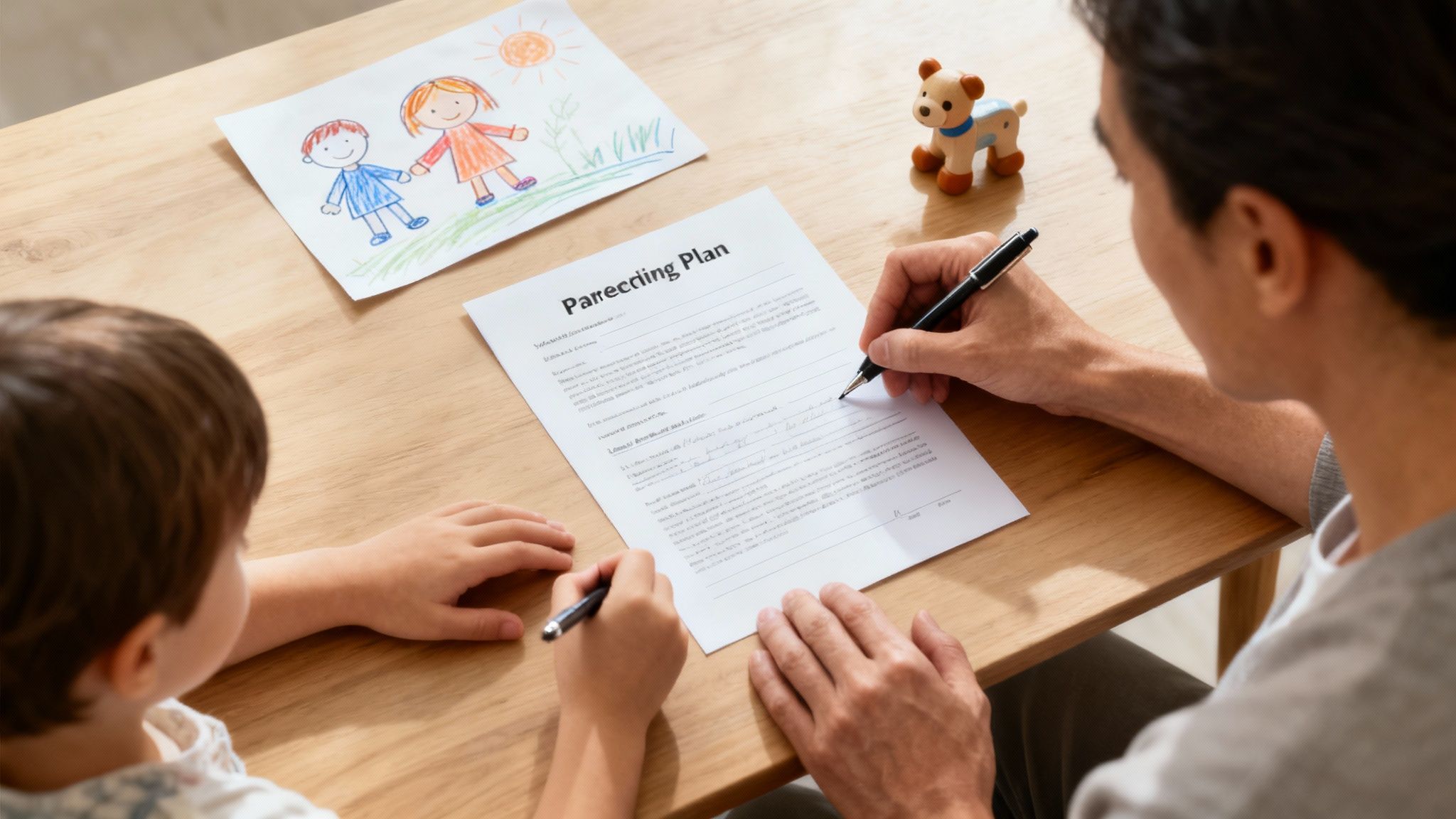 Padre e hijo firman un plan de parentalidad en una mesa de madera, con un dibujo infantil al lado.