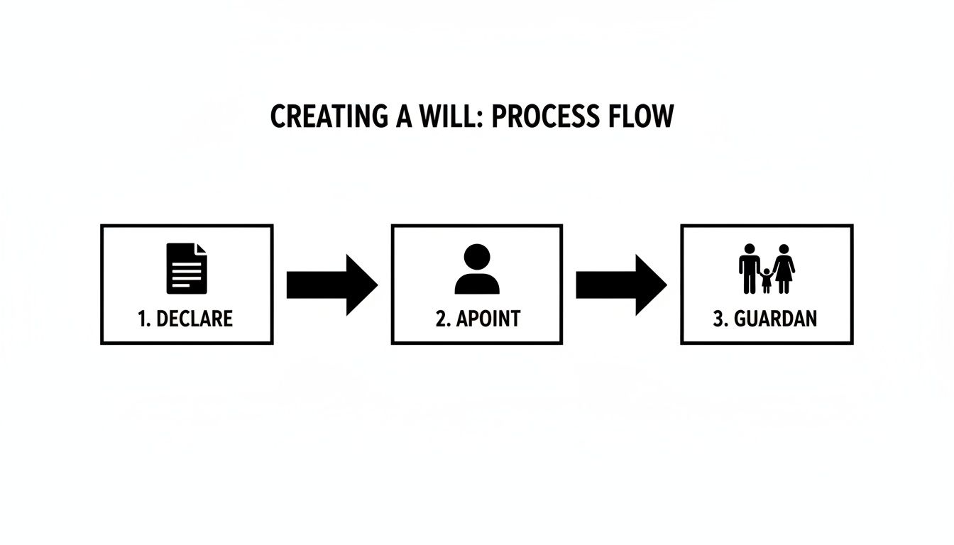 Flowchart showing three steps for creating a will: declare, appoint, and guardian roles.