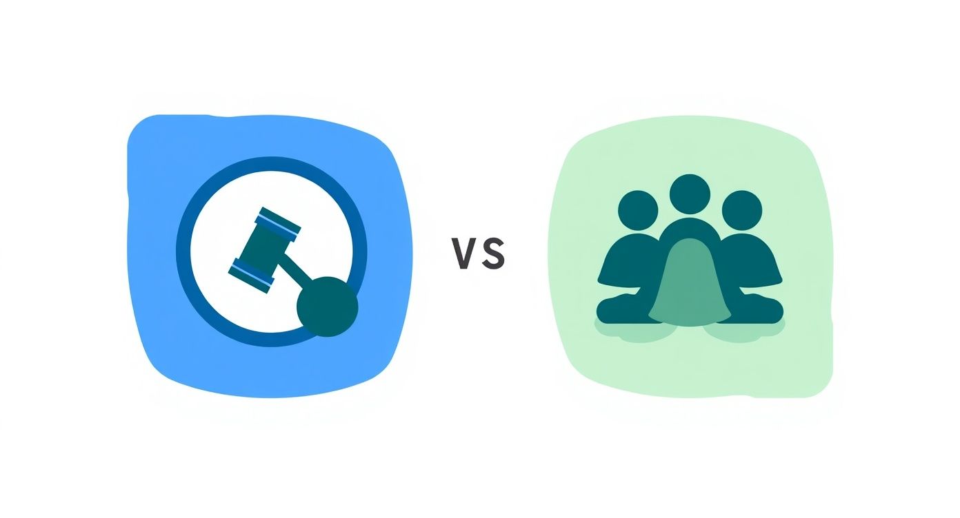 Infographic comparing the team-based approach of collaborative divorce with the single-neutral facilitator model of mediation.