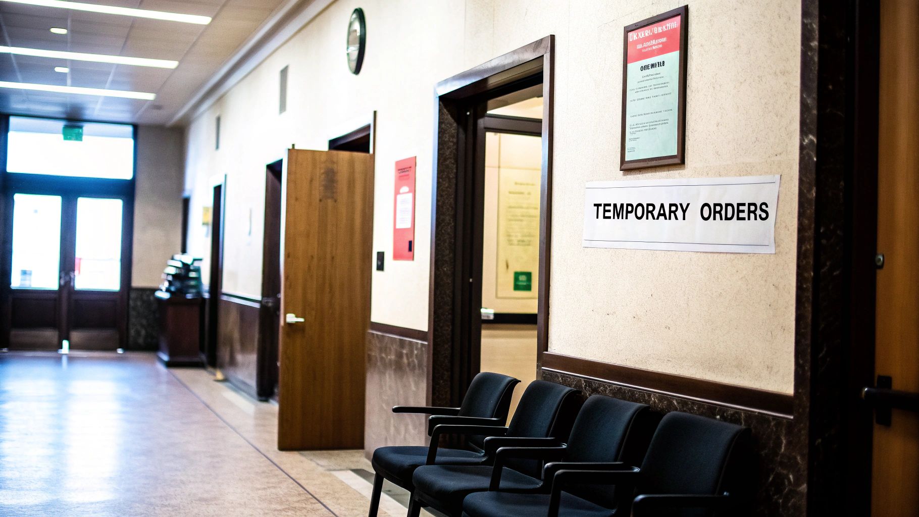 Two professionals in a calm office setting, reviewing documents at a table, representing the mediation process.