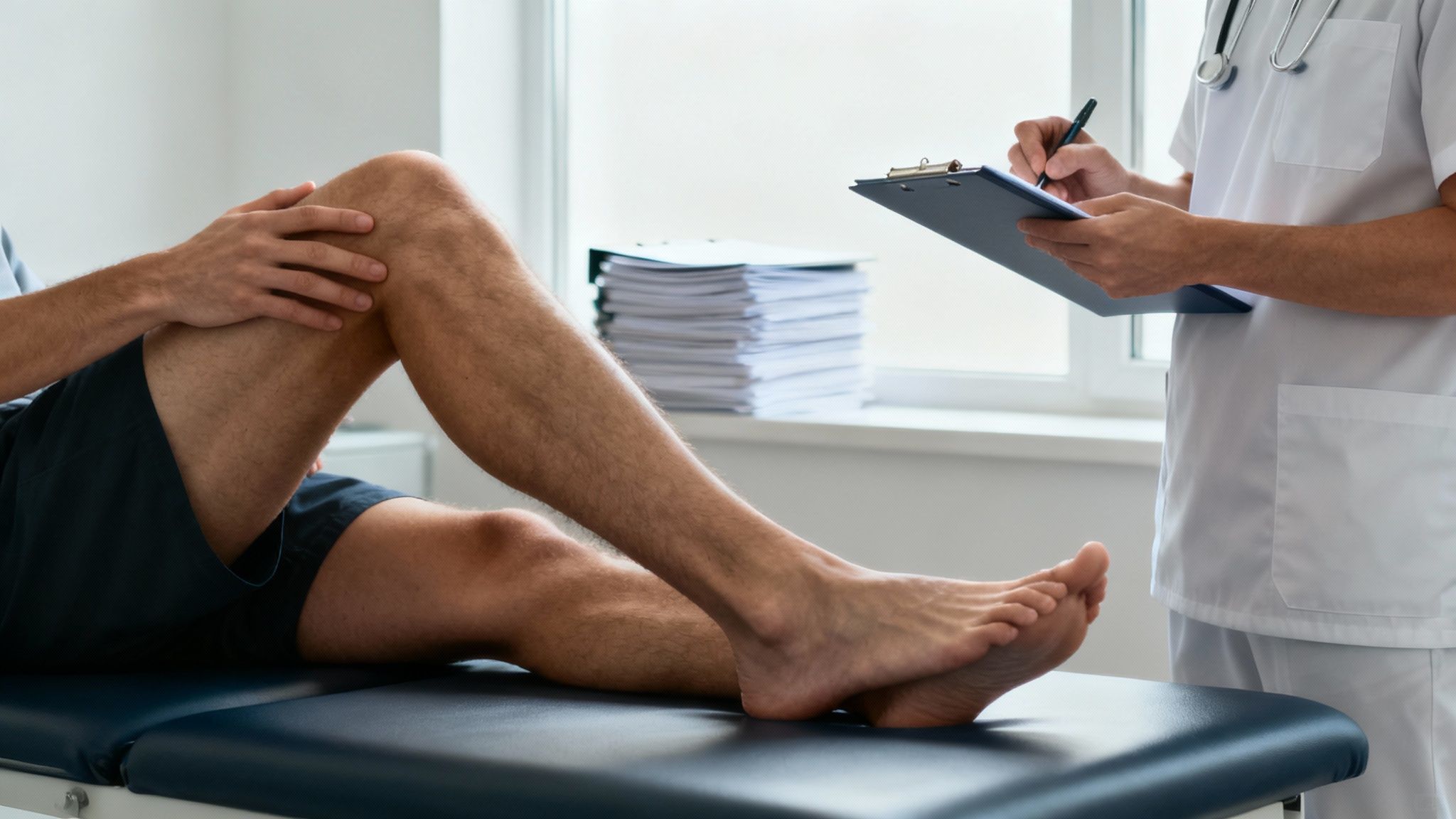 A physical therapist assisting a patient with leg exercises.