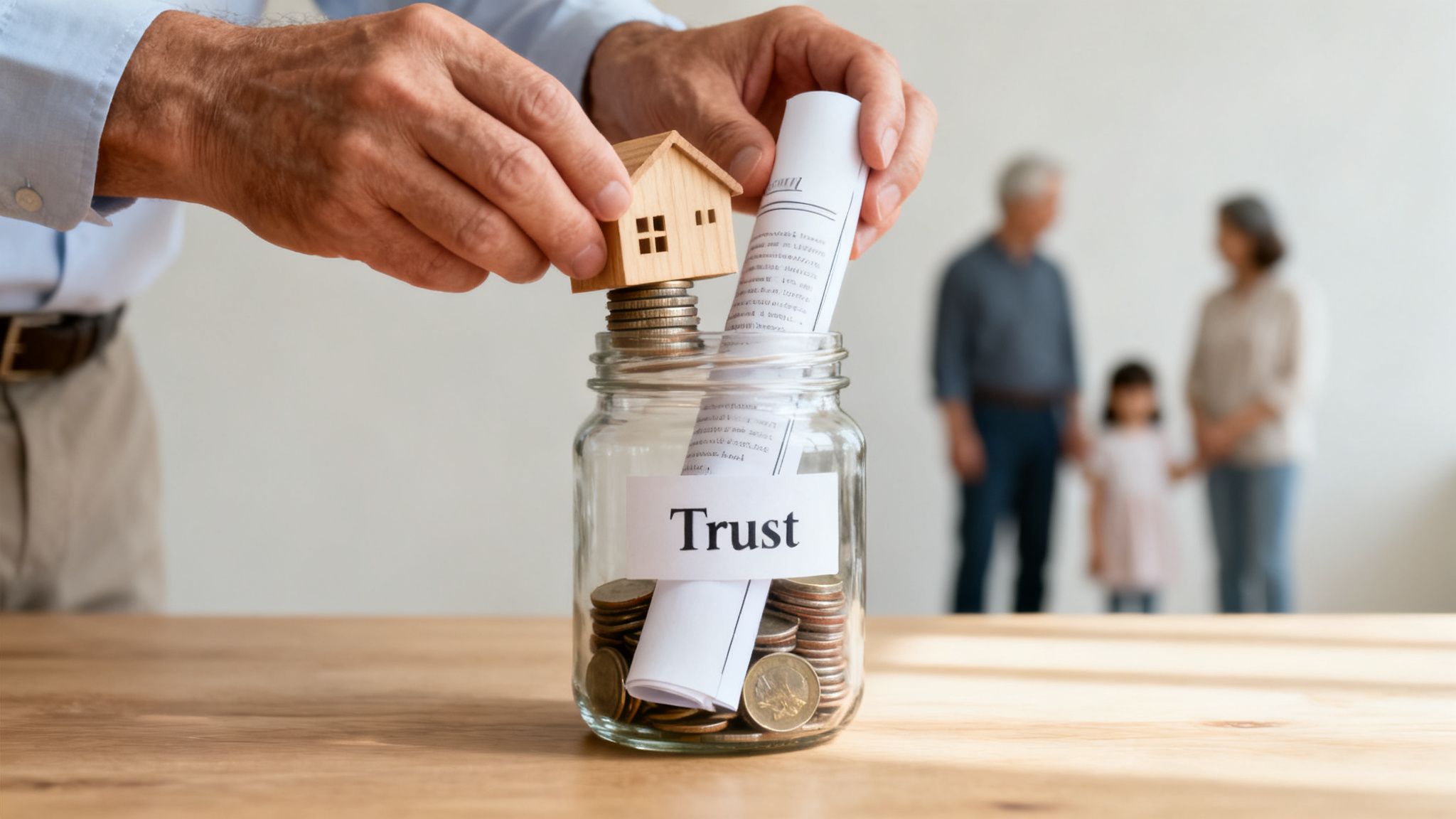 A person places a wooden house model and legal documents into a "Trust" jar, symbolizing family estate planning.
