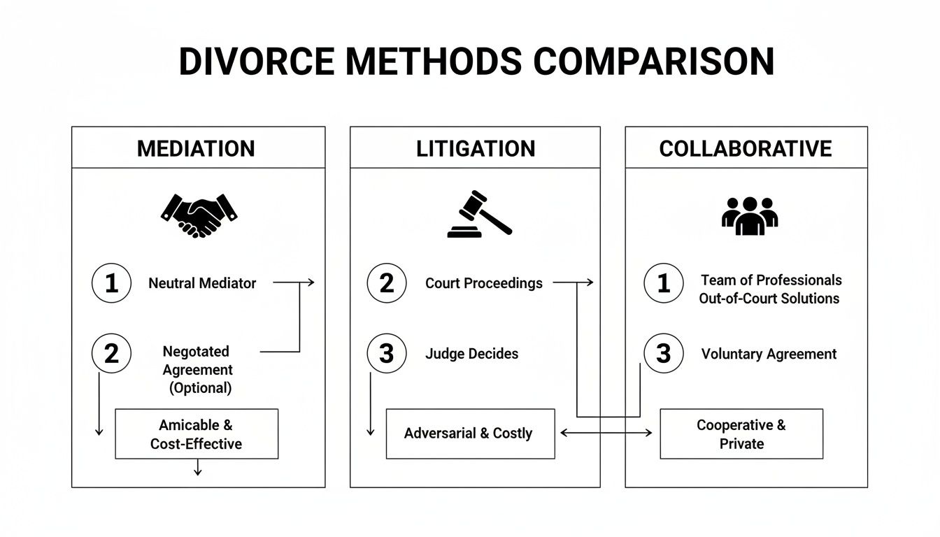 Comparison of divorce methods: Mediation, Litigation, and Collaborative, detailing their processes and outcomes.
