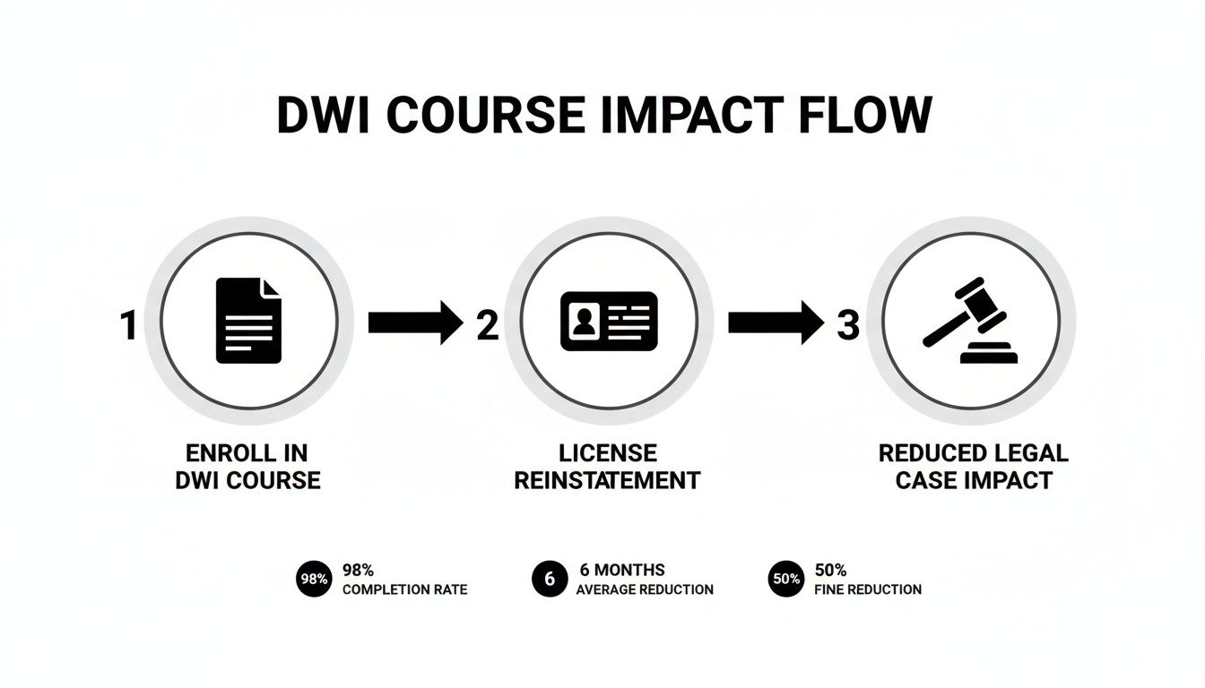 Flowchart illustrating the impact of a DWI course on enrollment, license reinstatement, and legal case reduction.