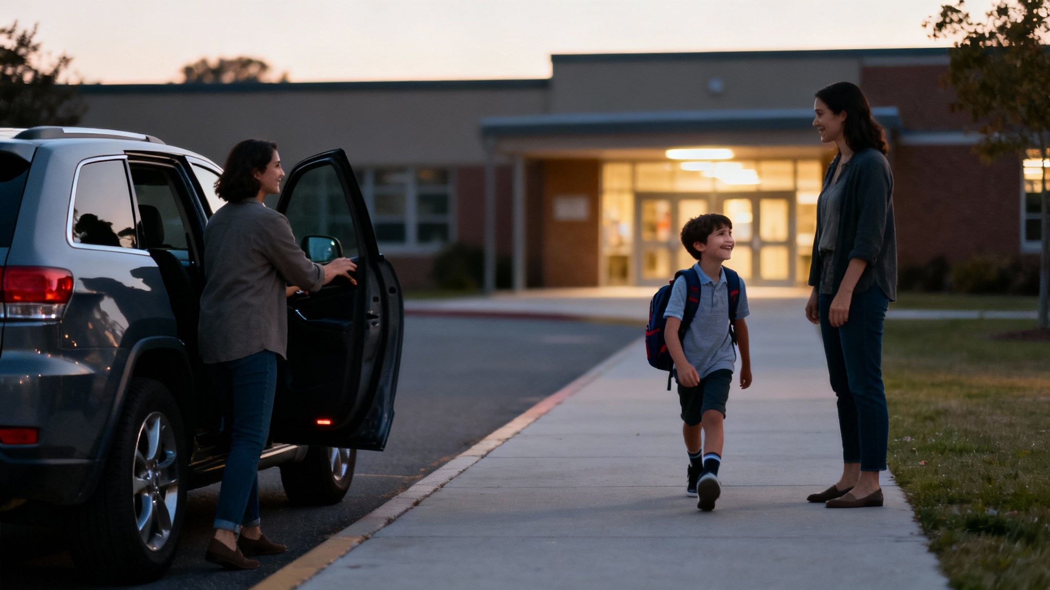 Two women and a boy with a backpack arriving at a school building at dusk.