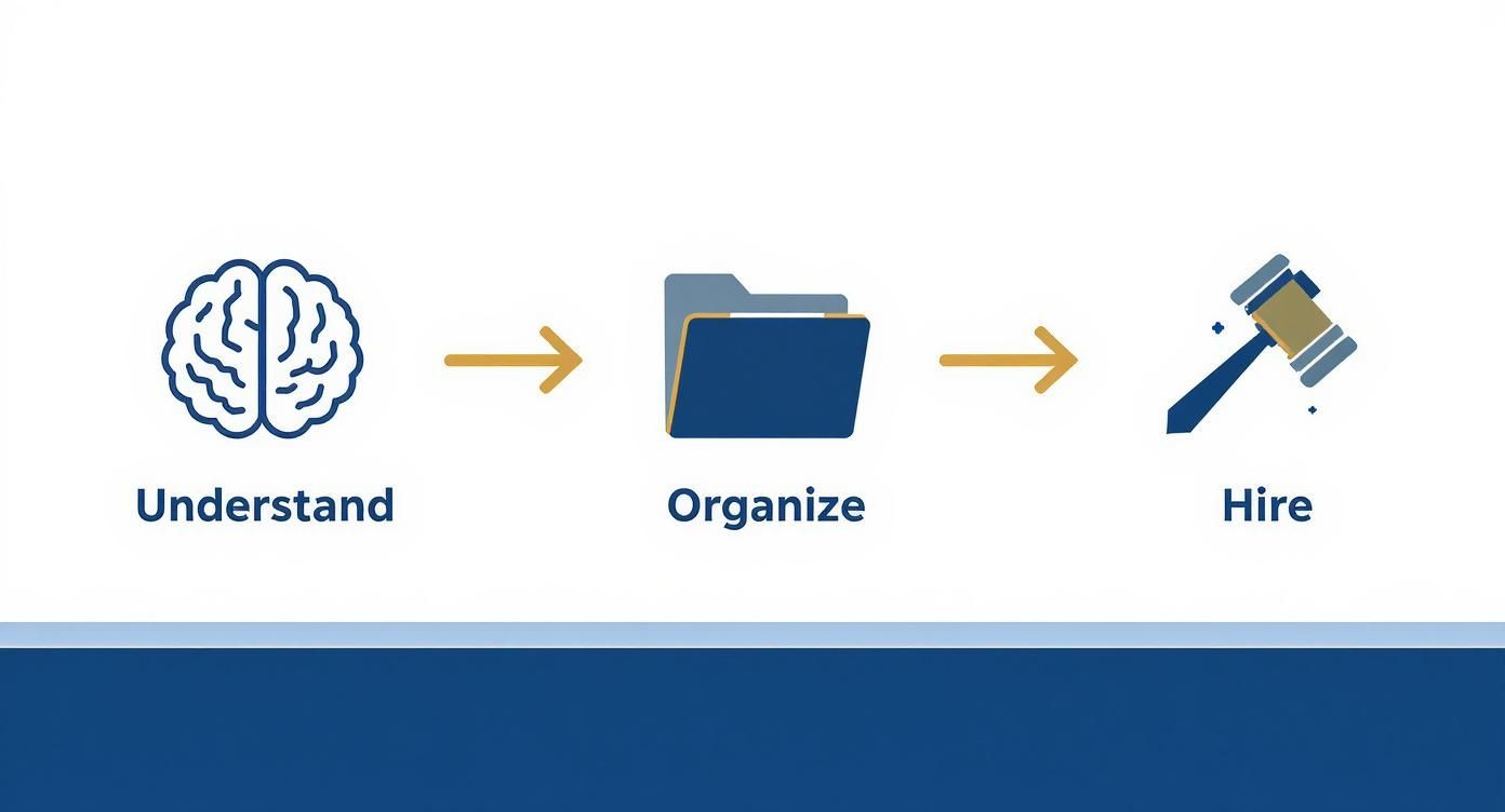 Illustration depicting the steps to prepare for a custody hearing: understand legal requirements, organize evidence in a binder, and hire a lawyer, with icons representing each step.