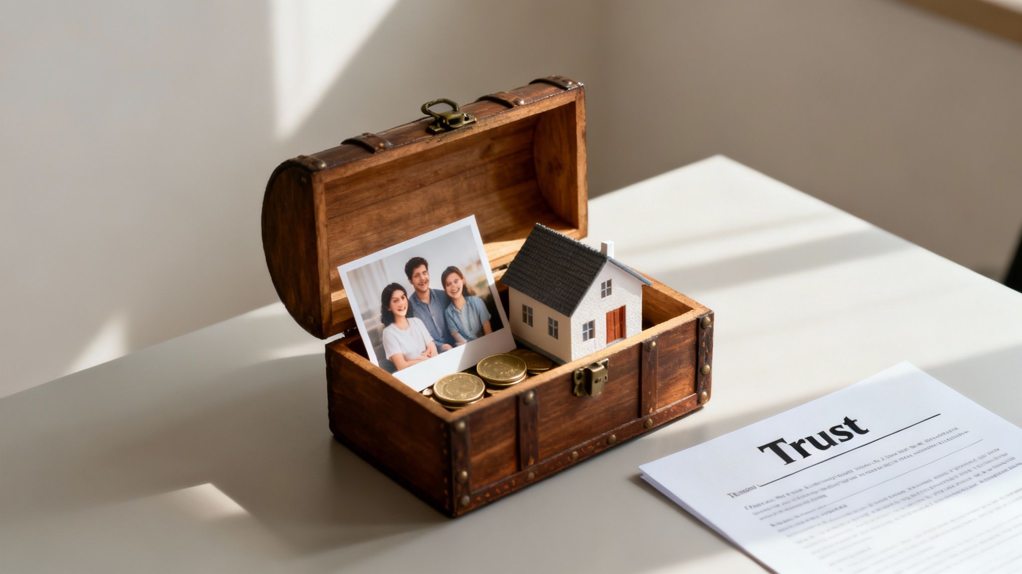 Wooden treasure chest containing coins, a small house model, and a family photo, alongside a document labeled "Trust," symbolizing estate planning and family legacy management.