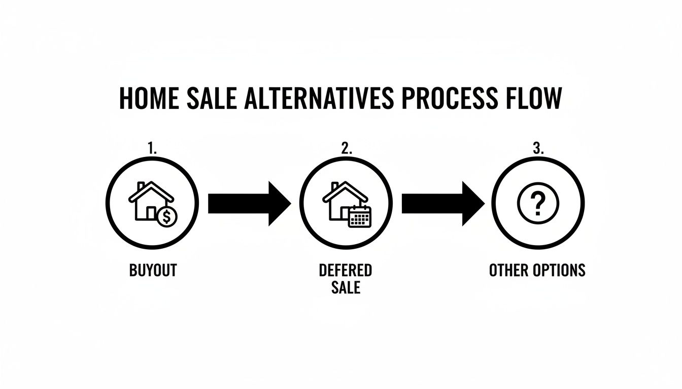 Process flow diagram showing three home sale alternatives: buyout, deferred sale, and other options.