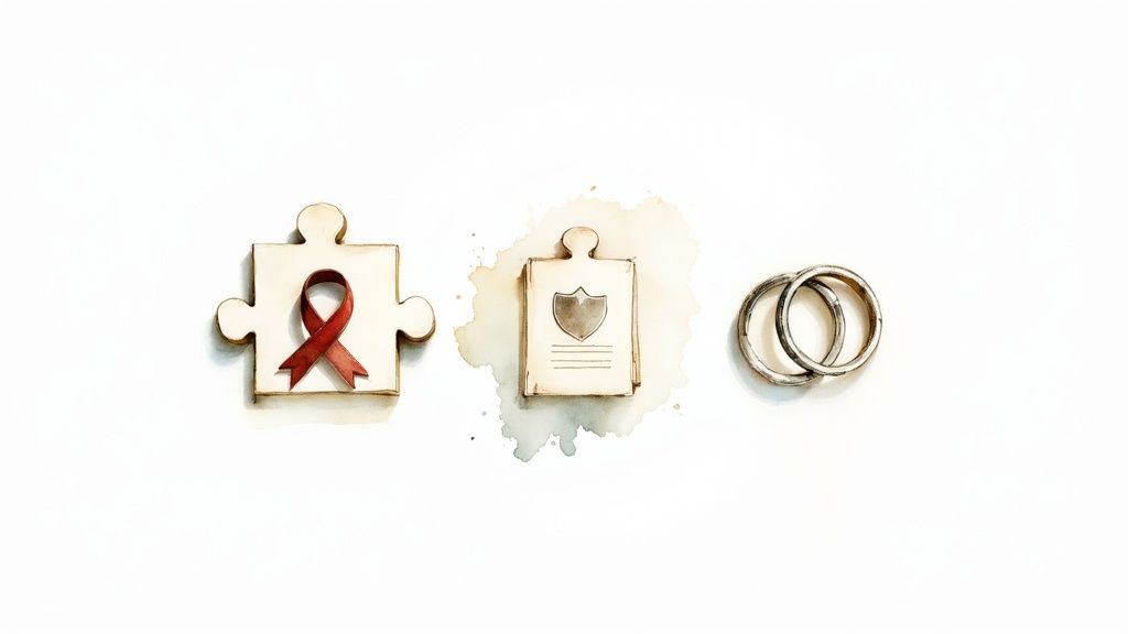 Puzzle piece with red ribbon, shield symbol, and two wedding rings representing estate planning for blended families and legal protection.
