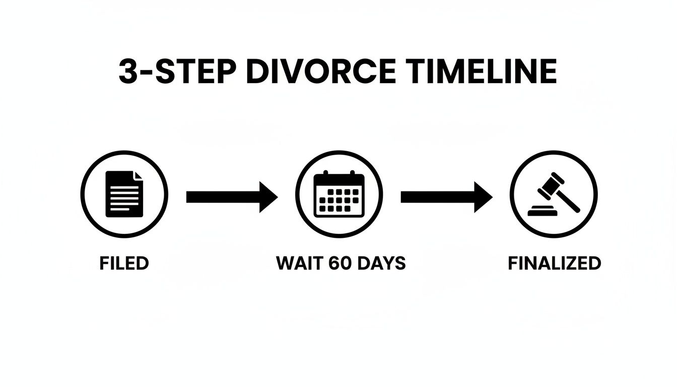 A 3-step divorce timeline illustrating the process: filed, wait 60 days, and finalized.