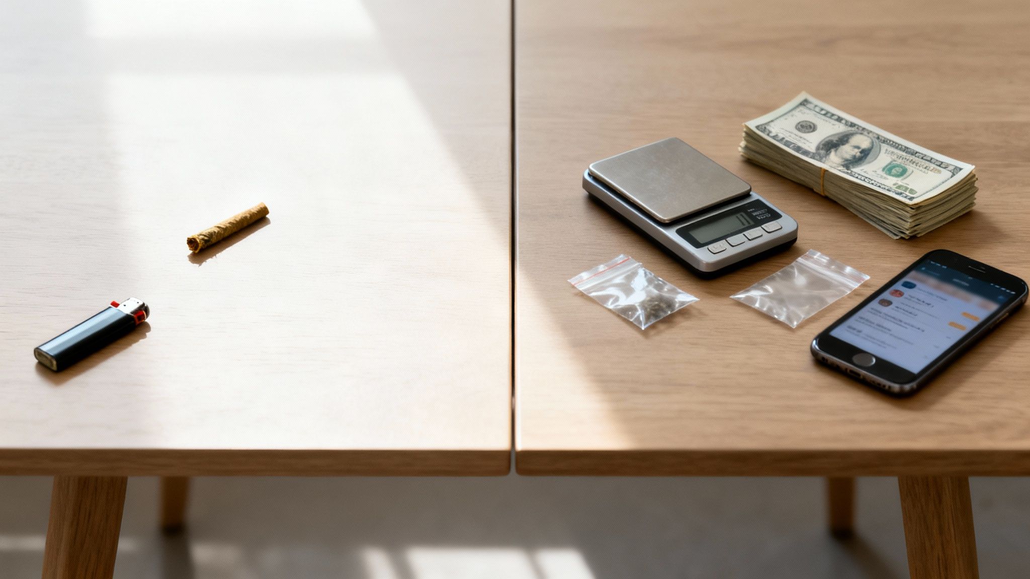 Marijuana joint, lighter, digital scale, cash, and plastic bags on wooden table, illustrating possession with intent to deliver in Texas drug laws.