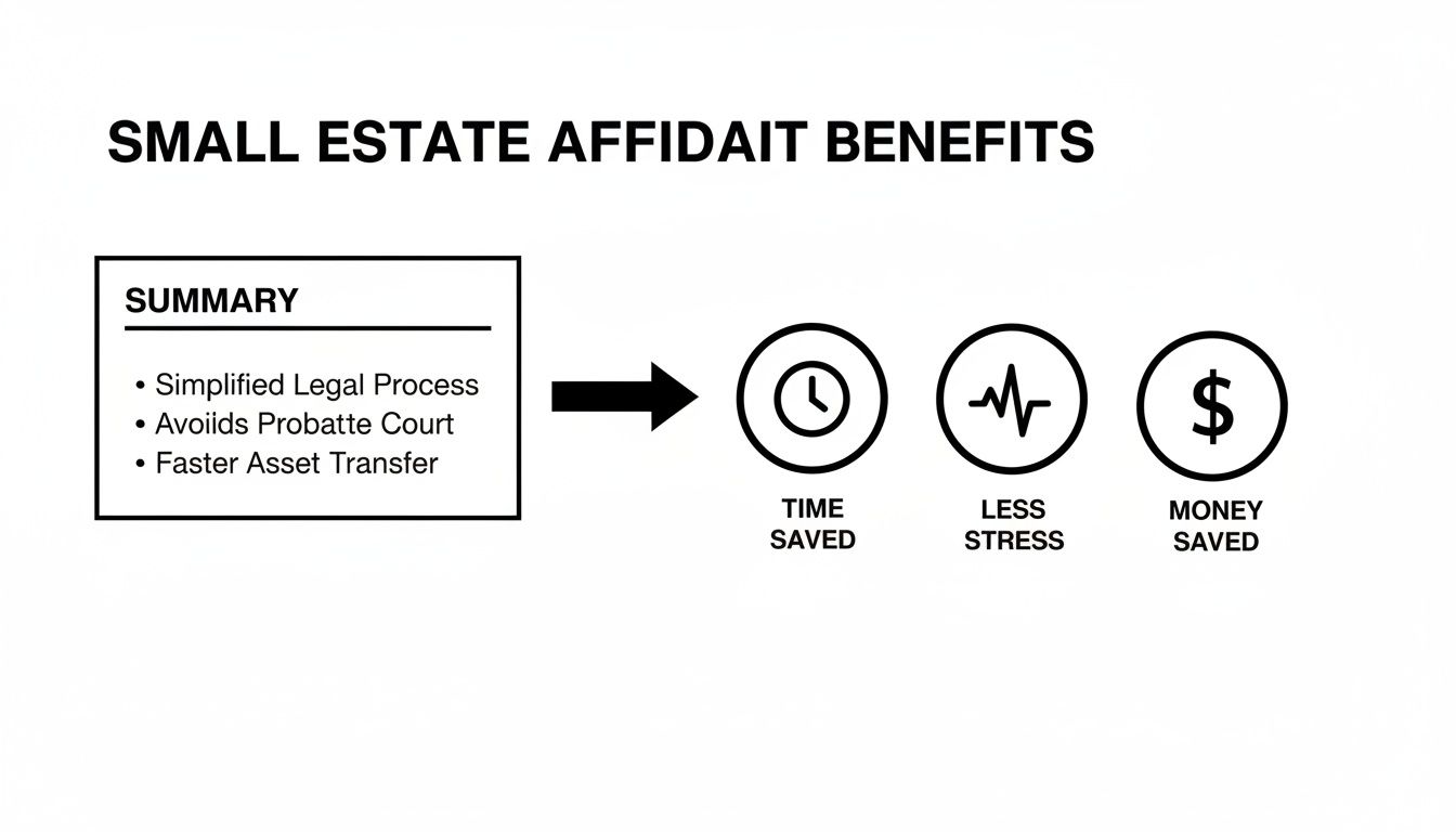 An infographic showing the benefits of a small estate affidavit, highlighting time, less stress, and money saved.
