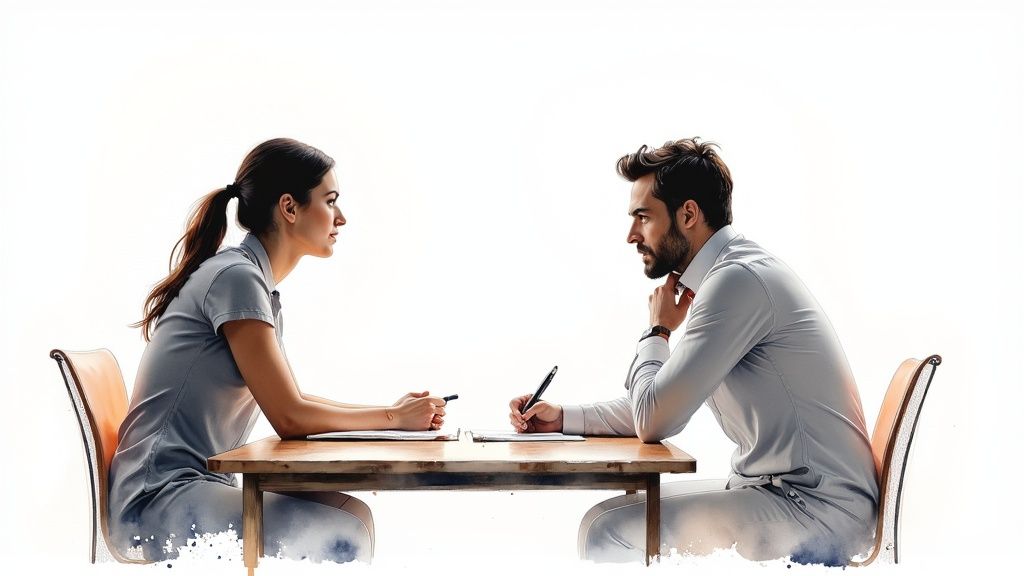 A man and a woman in business attire facing each other at a table, engaged in a serious discussion.