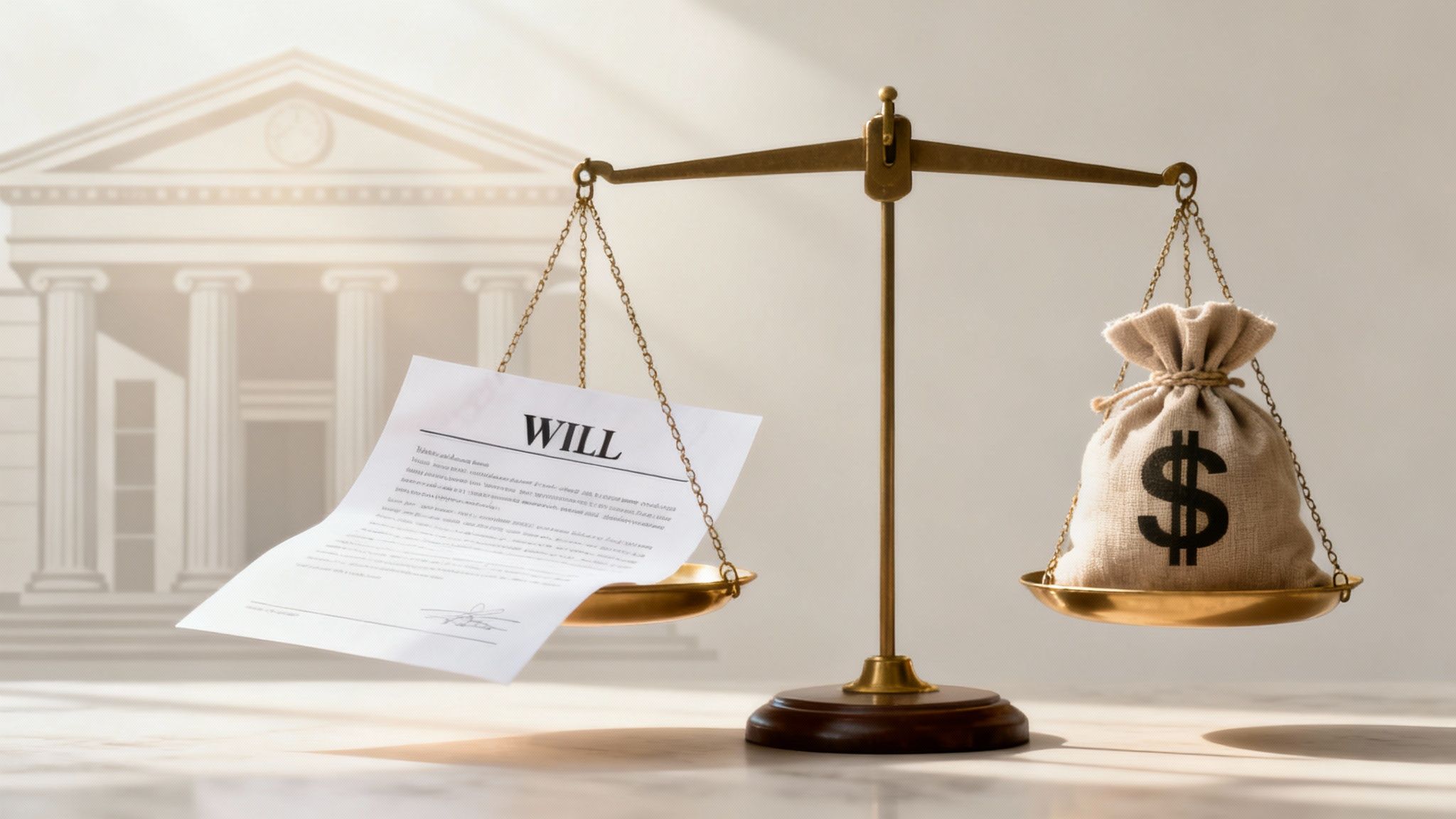 Scales of justice balancing a will document and a money bag, symbolizing legal costs in probate litigation and will contests in Texas.