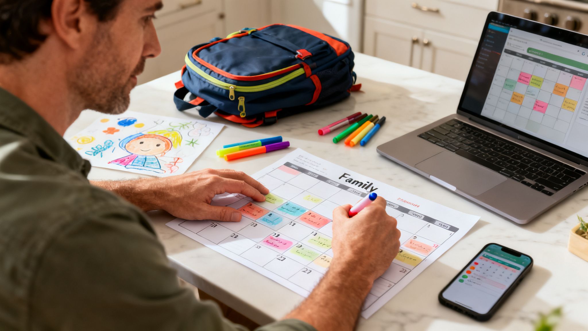 A man organizing a family calendar with colorful markers, a child's drawing, laptop, and smartphone.