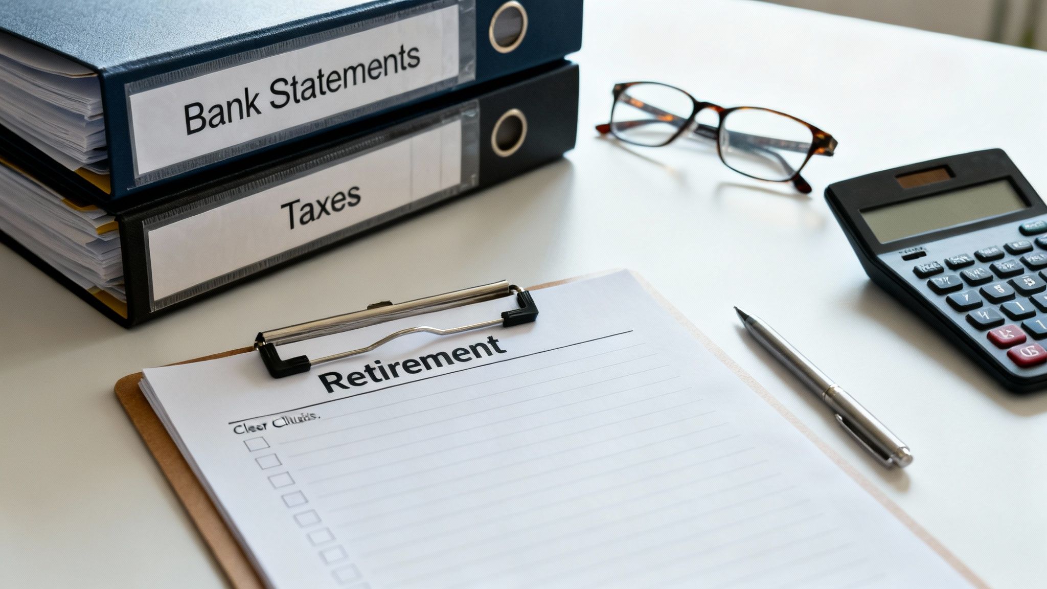 Financial planning items: binders for bank statements and taxes, retirement checklist, calculator, and glasses.