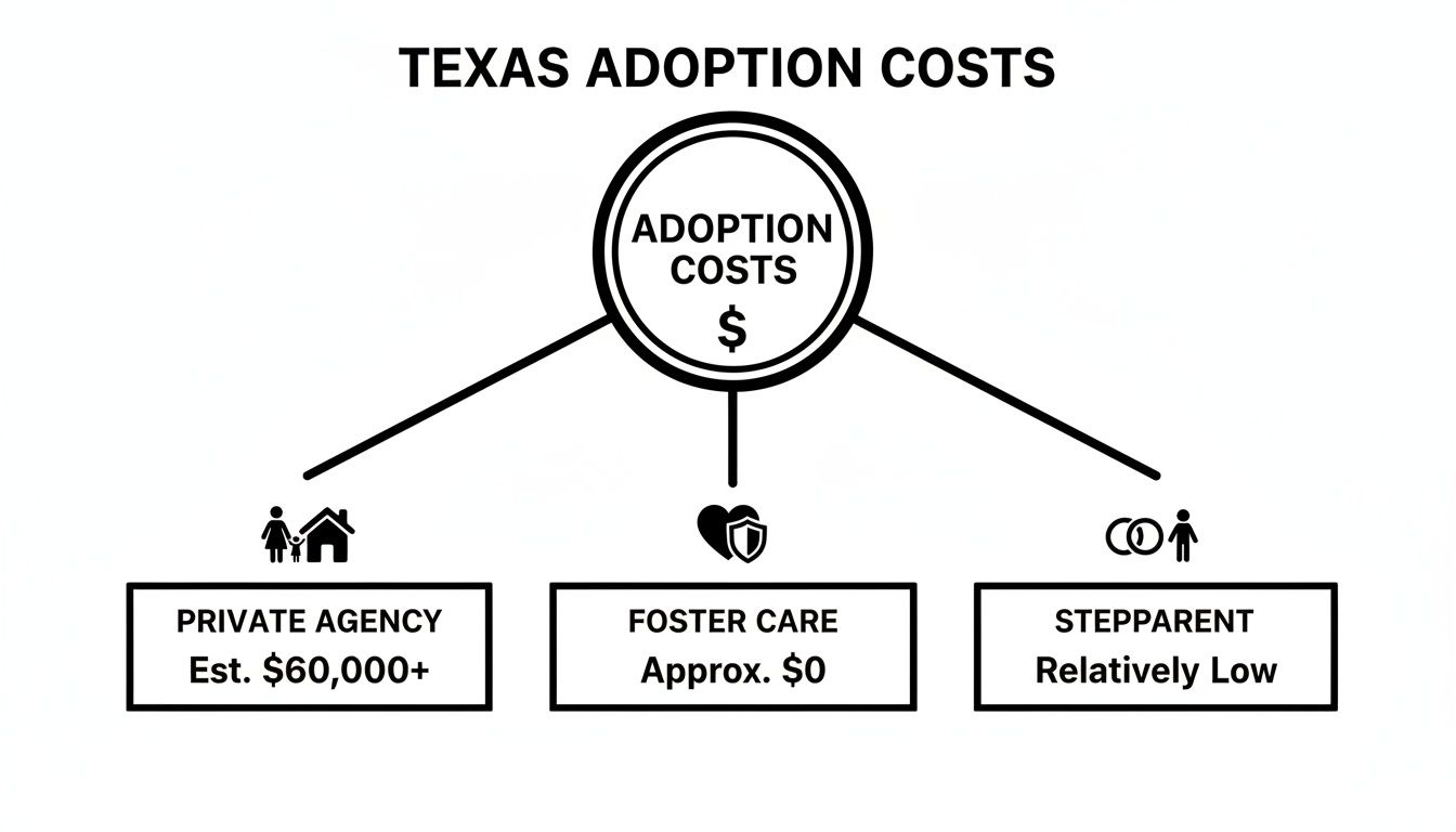 Flowchart illustrating Texas adoption costs for private agency, foster care, and stepparent adoptions.