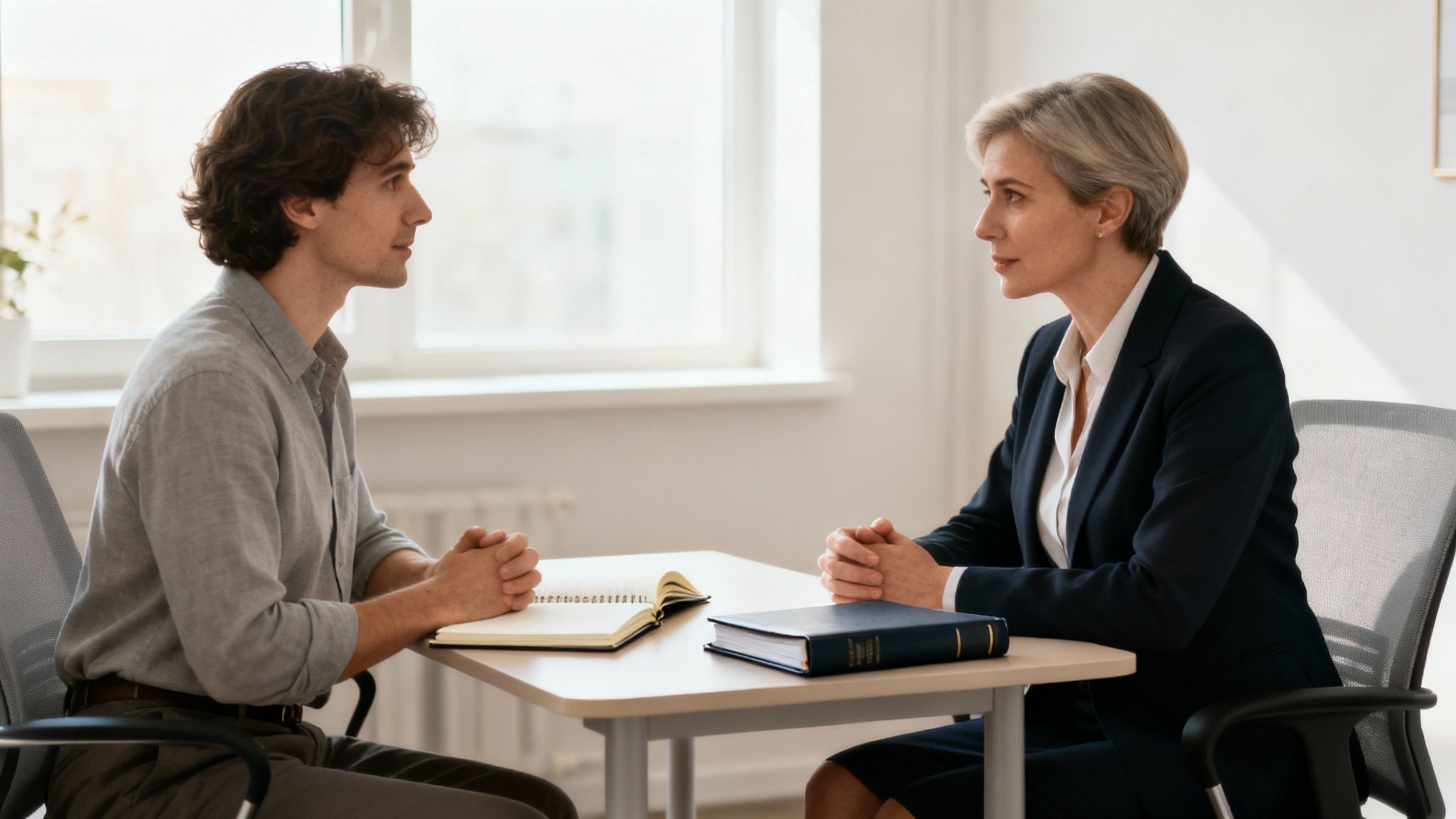A family law attorney having a compassionate consultation with a client in a Houston office.