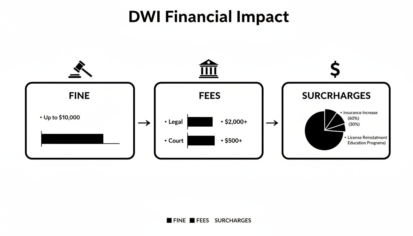 Infographic illustrating the financial impact of a DWI, detailing fines, legal and court fees, and surcharges.