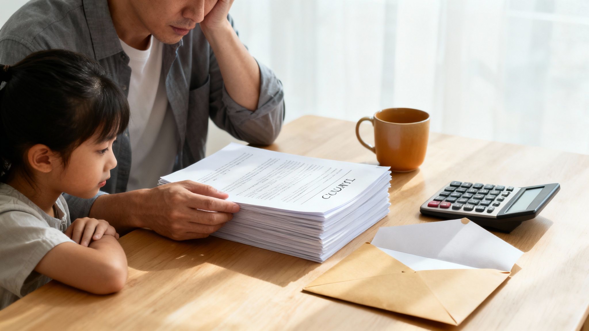 A worried father and his daughter looking at a stack of court documents on a wooden table.